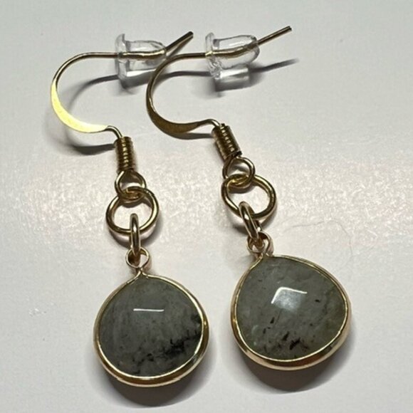 Natural Grey Stone dangle drop earrings in gold-toned setting. - Picture 2 of 3